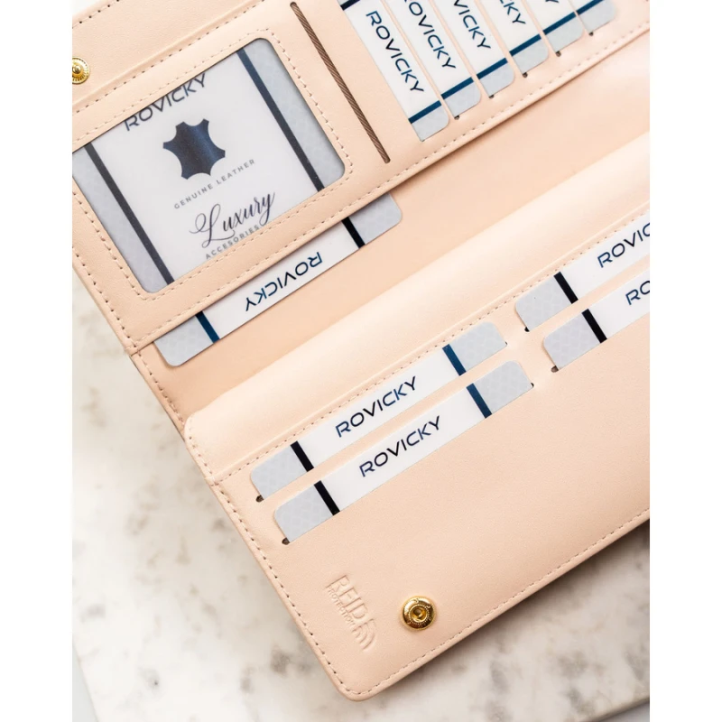 Duży, beżowy portfel damski ze skóry ekologicznej wyposażony w system RFID - Rovicky | Niua.pl