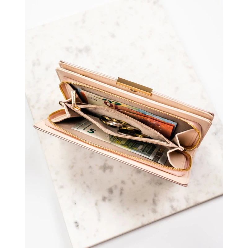Duży, beżowy portfel damski ze skóry ekologicznej wyposażony w system RFID - Rovicky | Niua.pl