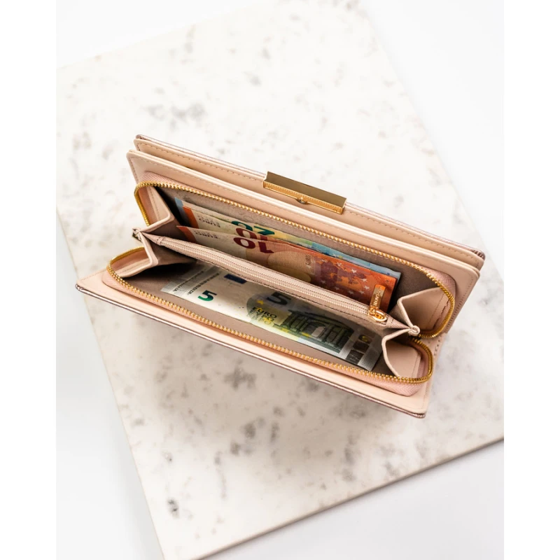 Duży, beżowy portfel damski ze skóry ekologicznej wyposażony w system RFID - Rovicky | Niua.pl