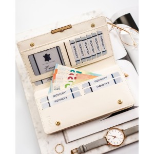 Duży portfel damski ze skóry ekologicznej w kolorze ecru, zamykany na zatrzask - | Niua.pl