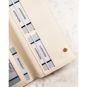 Duży portfel damski ze skóry ekologicznej w kolorze ecru, zamykany na zatrzask - | Niua.pl