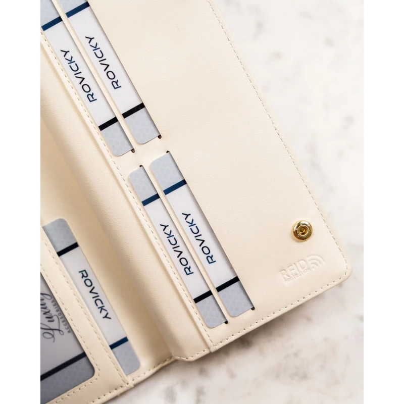Duży portfel damski ze skóry ekologicznej w kolorze ecru, zamykany na zatrzask - | Niua.pl