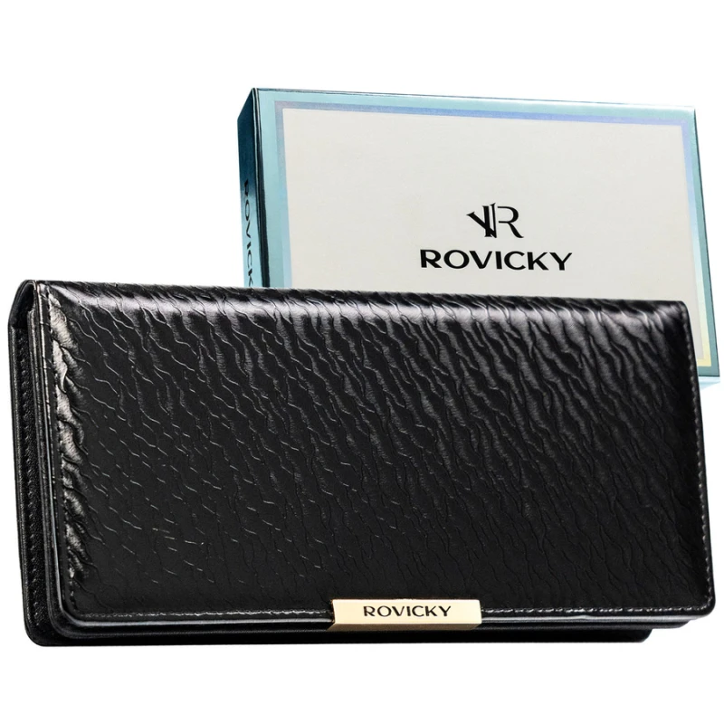 Duży portfel damski ze skóry ekologicznej w czarnym kolorze zamykany na zatrzask - Rovicky | Niua.pl