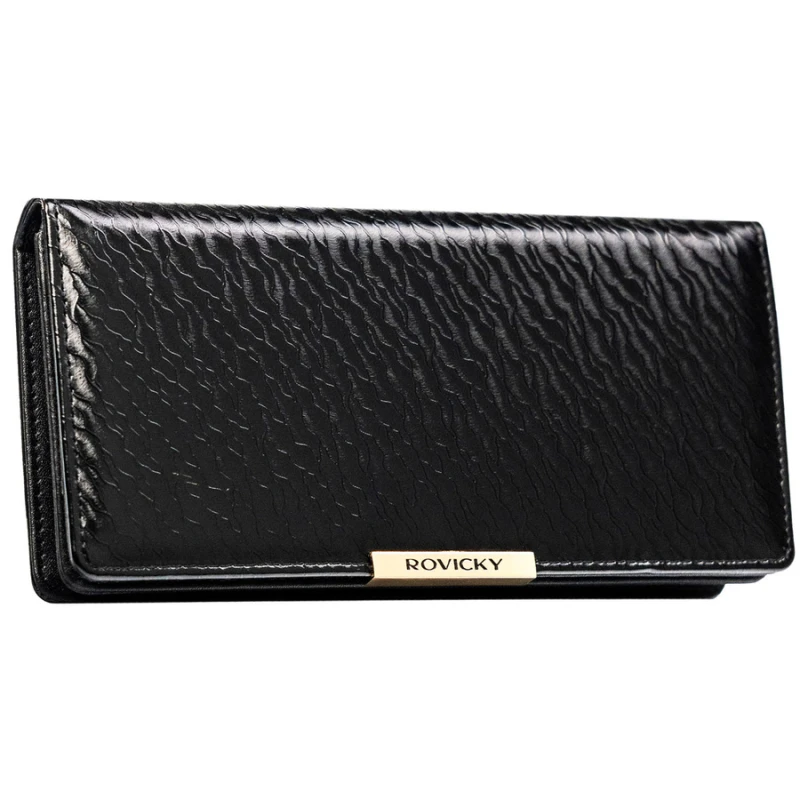 Duży portfel damski ze skóry ekologicznej w czarnym kolorze zamykany na zatrzask - Rovicky | Niua.pl