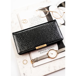 Duży portfel damski ze skóry ekologicznej w czarnym kolorze zamykany na zatrzask - Rovicky | Niua.pl