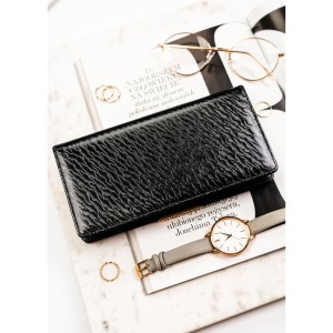 Duży portfel damski ze skóry ekologicznej w czarnym kolorze zamykany na zatrzask - Rovicky | Niua.pl