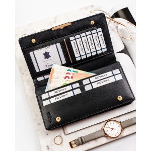 Duży portfel damski ze skóry ekologicznej w czarnym kolorze zamykany na zatrzask - Rovicky | Niua.pl