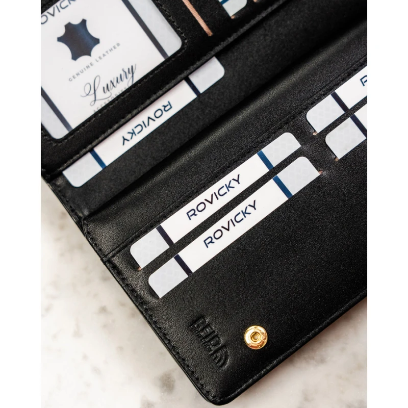 Duży portfel damski ze skóry ekologicznej w czarnym kolorze zamykany na zatrzask - Rovicky | Niua.pl
