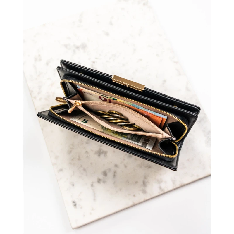 Duży portfel damski ze skóry ekologicznej w czarnym kolorze zamykany na zatrzask - Rovicky | Niua.pl