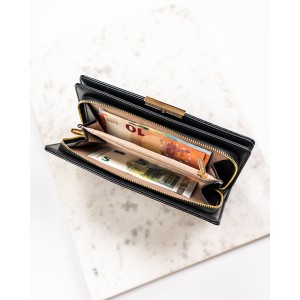 Duży portfel damski ze skóry ekologicznej w czarnym kolorze zamykany na zatrzask - Rovicky | Niua.pl