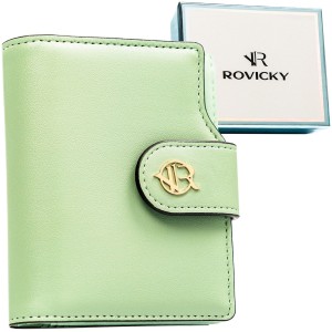 Pionowy portfel damski ze skóry ekologicznej w zielonym kolorze, zamykany na zatrzask i suwak - Rovicky | Niua.pl