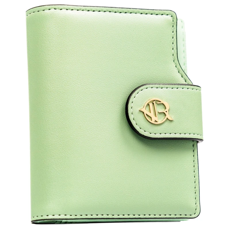 Pionowy portfel damski ze skóry ekologicznej w zielonym kolorze, zamykany na zatrzask i suwak - Rovicky | Niua.pl