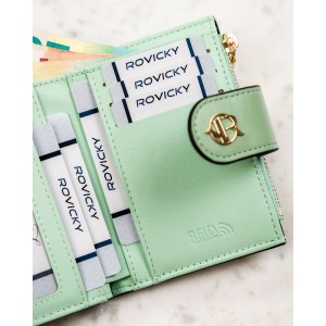 Pionowy portfel damski ze skóry ekologicznej w zielonym kolorze, zamykany na zatrzask i suwak - Rovicky | Niua.pl