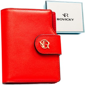 Pionowy portfel damski ze skóry ekologicznej w czerwonym kolorze, zamykany na zatrzask i suwak - Rovicky | Niua.pl