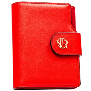 Pionowy portfel damski ze skóry ekologicznej w czerwonym kolorze, zamykany na zatrzask i suwak - Rovicky | Niua.pl