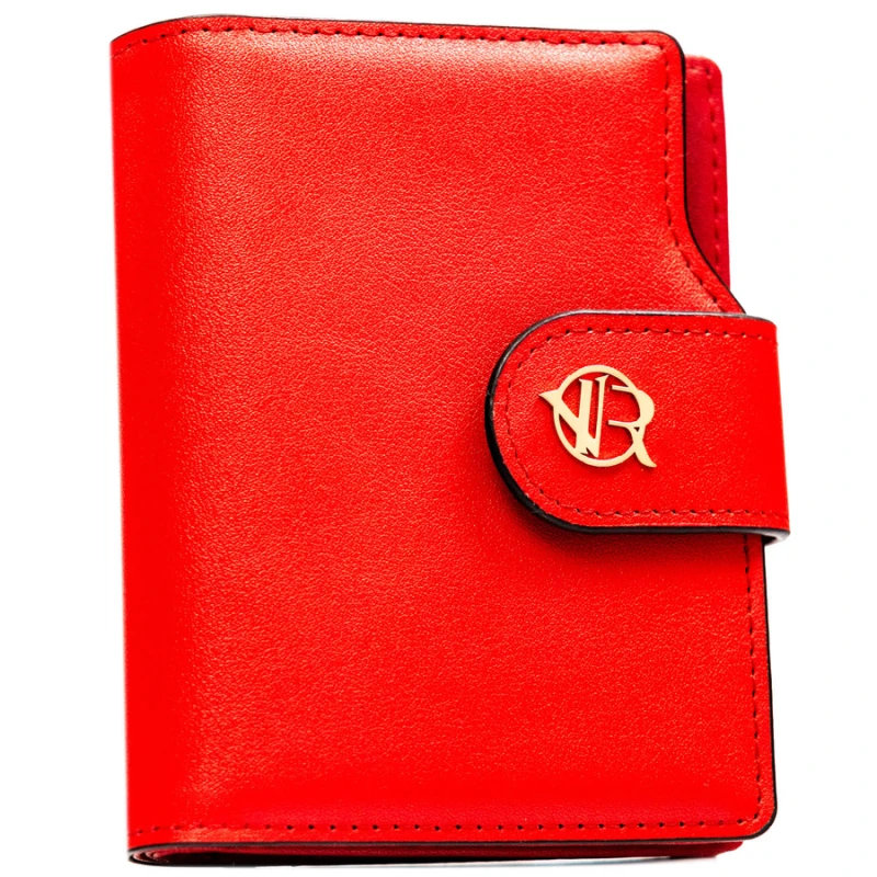 Pionowy portfel damski ze skóry ekologicznej w czerwonym kolorze, zamykany na zatrzask i suwak - Rovicky | Niua.pl