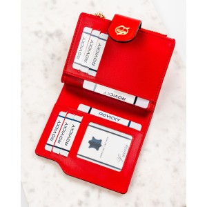 Pionowy portfel damski ze skóry ekologicznej w czerwonym kolorze, zamykany na zatrzask i suwak - Rovicky | Niua.pl