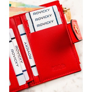 Pionowy portfel damski ze skóry ekologicznej w czerwonym kolorze, zamykany na zatrzask i suwak - Rovicky | Niua.pl