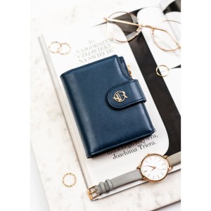 Granatowy portfel damski ze skóry ekologicznej zamykany na zatrzask i suwak - Rovicky | Niua.pl