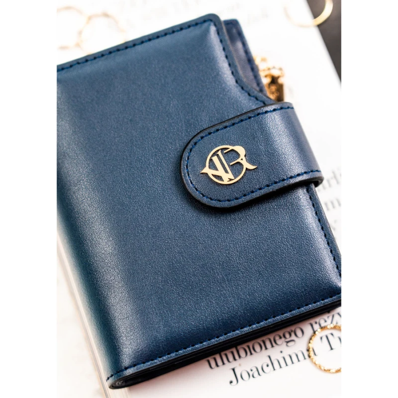 Granatowy portfel damski ze skóry ekologicznej zamykany na zatrzask i suwak - Rovicky | Niua.pl