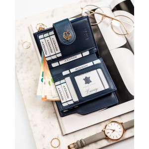 Granatowy portfel damski ze skóry ekologicznej zamykany na zatrzask i suwak - Rovicky | Niua.pl