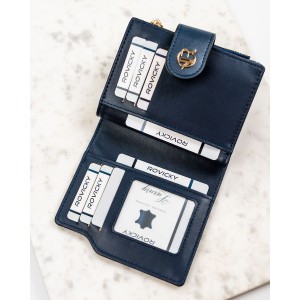 Granatowy portfel damski ze skóry ekologicznej zamykany na zatrzask i suwak - Rovicky | Niua.pl