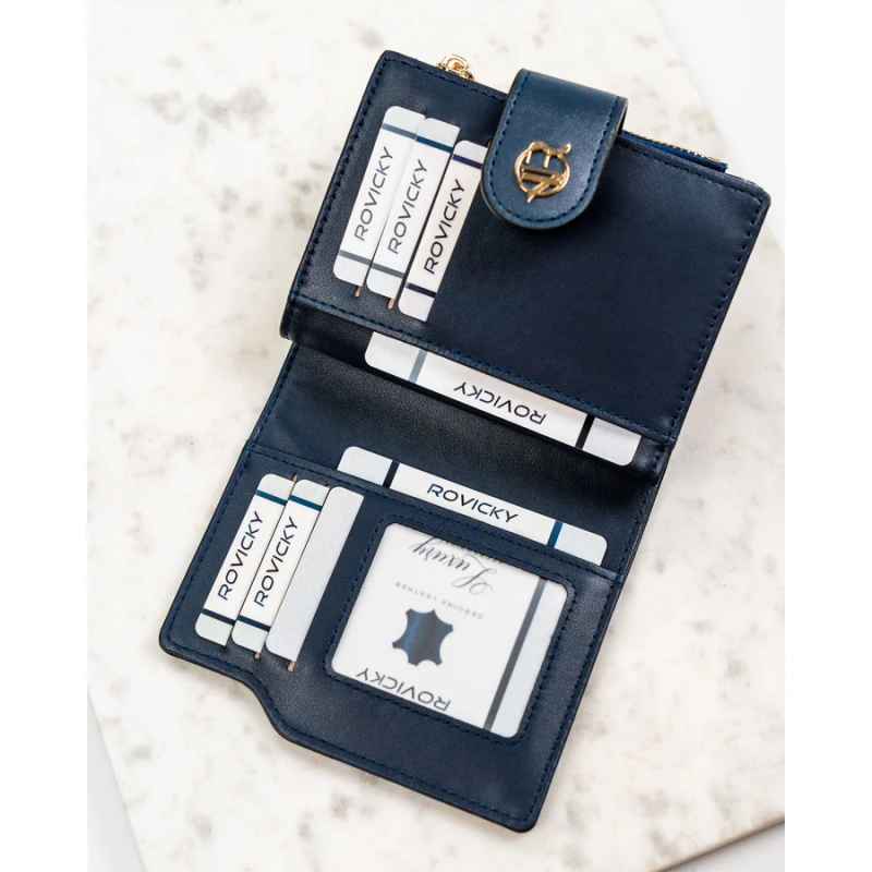 Granatowy portfel damski ze skóry ekologicznej zamykany na zatrzask i suwak - Rovicky | Niua.pl