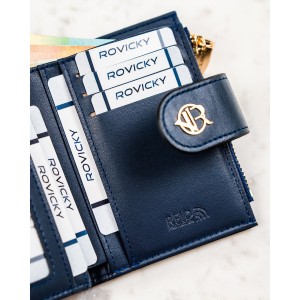 Granatowy portfel damski ze skóry ekologicznej zamykany na zatrzask i suwak - Rovicky | Niua.pl