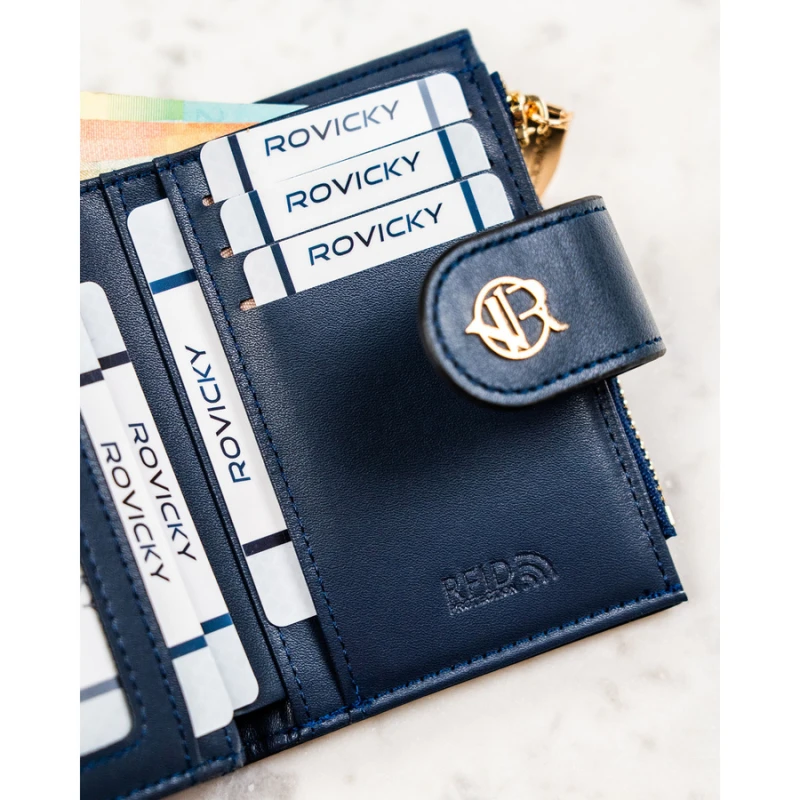 Granatowy portfel damski ze skóry ekologicznej zamykany na zatrzask i suwak - Rovicky | Niua.pl