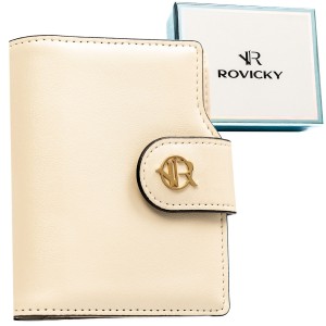Beżowy portfel damski ze skóry ekologicznej zamykany na zatrzask i suwak - Rovicky | Niua.pl