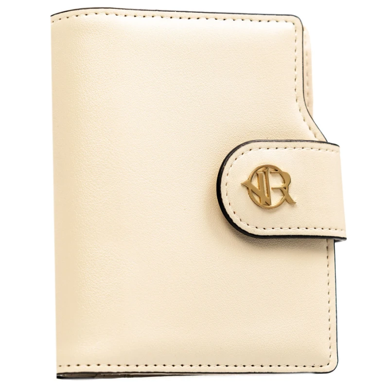 Beżowy portfel damski ze skóry ekologicznej zamykany na zatrzask i suwak - Rovicky | Niua.pl