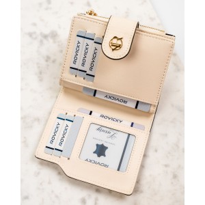Beżowy portfel damski ze skóry ekologicznej zamykany na zatrzask i suwak - Rovicky | Niua.pl