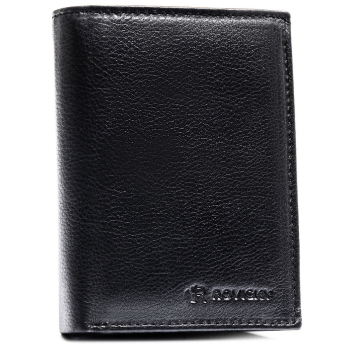 Duży, pionowy portfel męski| Niua.pl  ze skóry naturalnej w czarnym kolorze, mieszczący dowód rejestracyjny - Rovicky