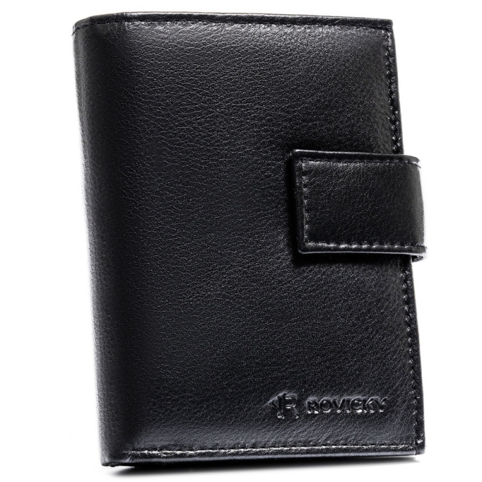 Duży portfel męski ze skóry naturalnej  | Niua.pl w czarnym kolorze, mieszczący dowód rejestracyjny i zamykany na zatrzask - Rovicky