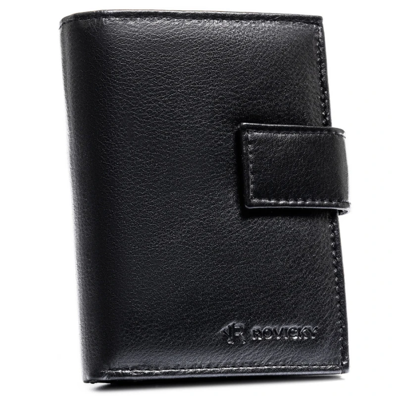 Duży portfel męski ze skóry naturalnej  | Niua.pl w czarnym kolorze, mieszczący dowód rejestracyjny i zamykany na zatrzask - Rovicky