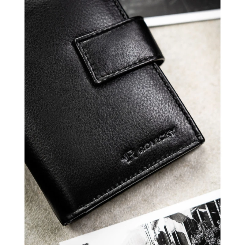 Duży portfel męski ze skóry naturalnej  | Niua.pl w czarnym kolorze, mieszczący dowód rejestracyjny i zamykany na zatrzask - Rovicky