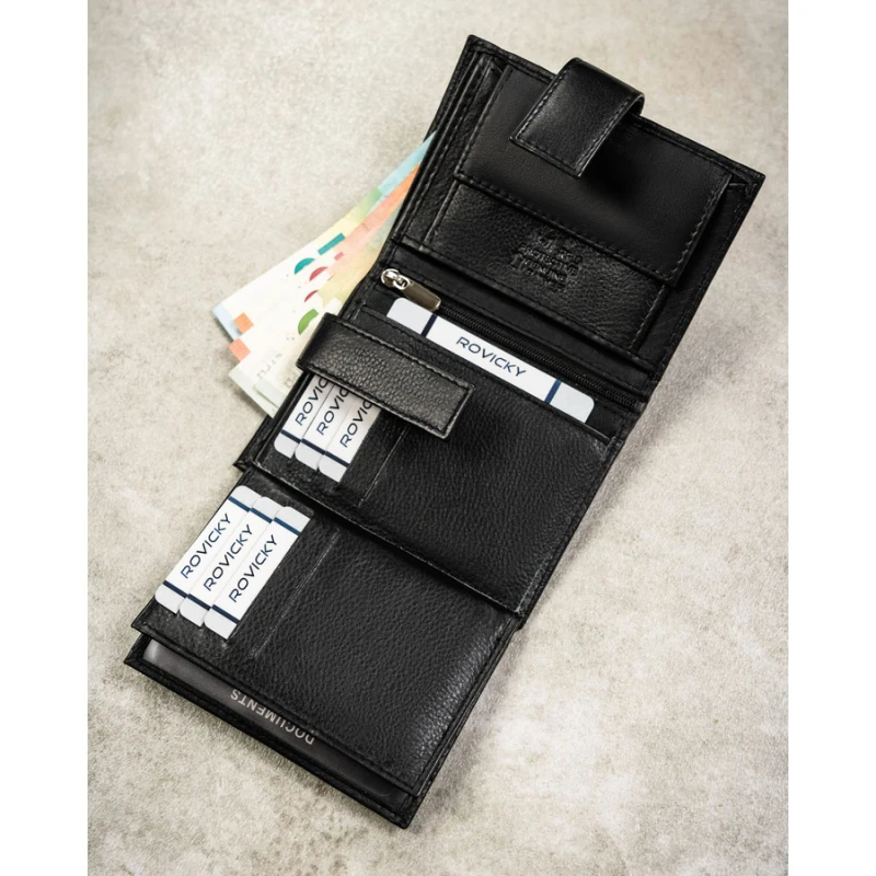 Duży portfel męski ze skóry naturalnej  | Niua.pl w czarnym kolorze, mieszczący dowód rejestracyjny i zamykany na zatrzask - Rovicky