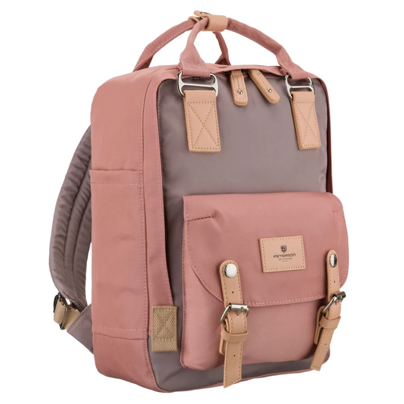 Różowo-szary plecak damski z poliestru i skóry ekologicznej, jednokomorowy - Peterson | Niua.pl