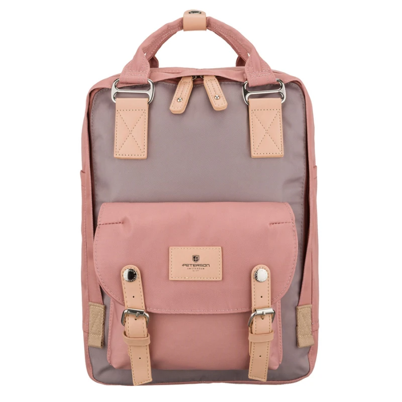 Różowo-szary plecak damski z poliestru i skóry ekologicznej, jednokomorowy - Peterson | Niua.pl