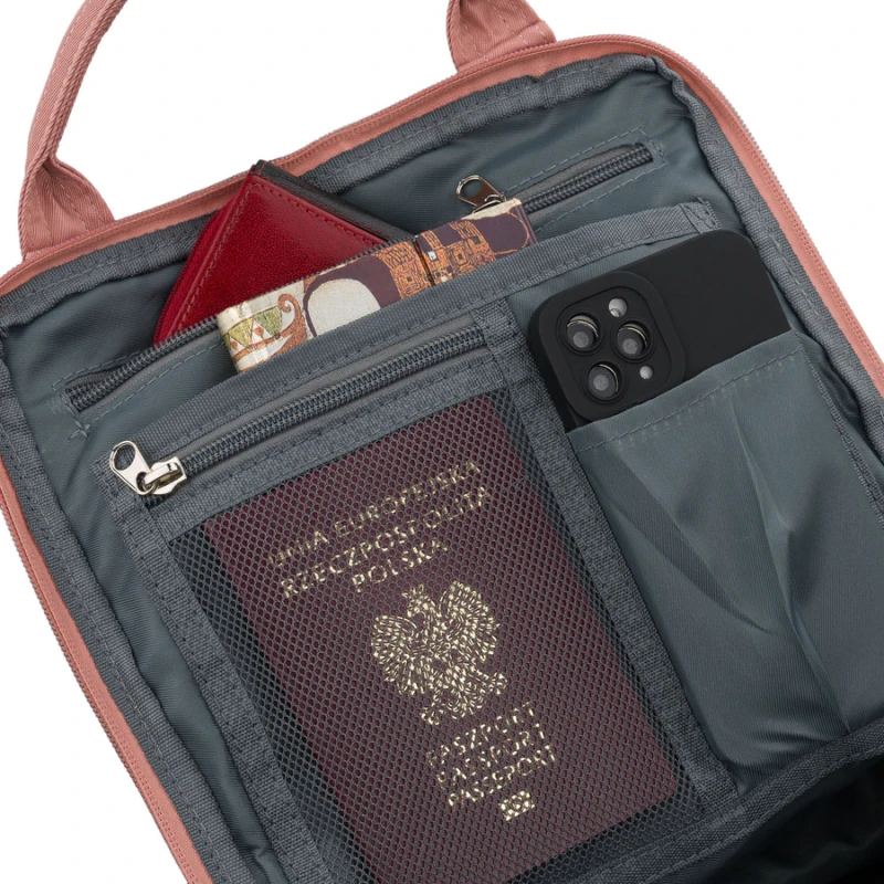 Różowo-szary plecak damski z poliestru i skóry ekologicznej, jednokomorowy - Peterson | Niua.pl