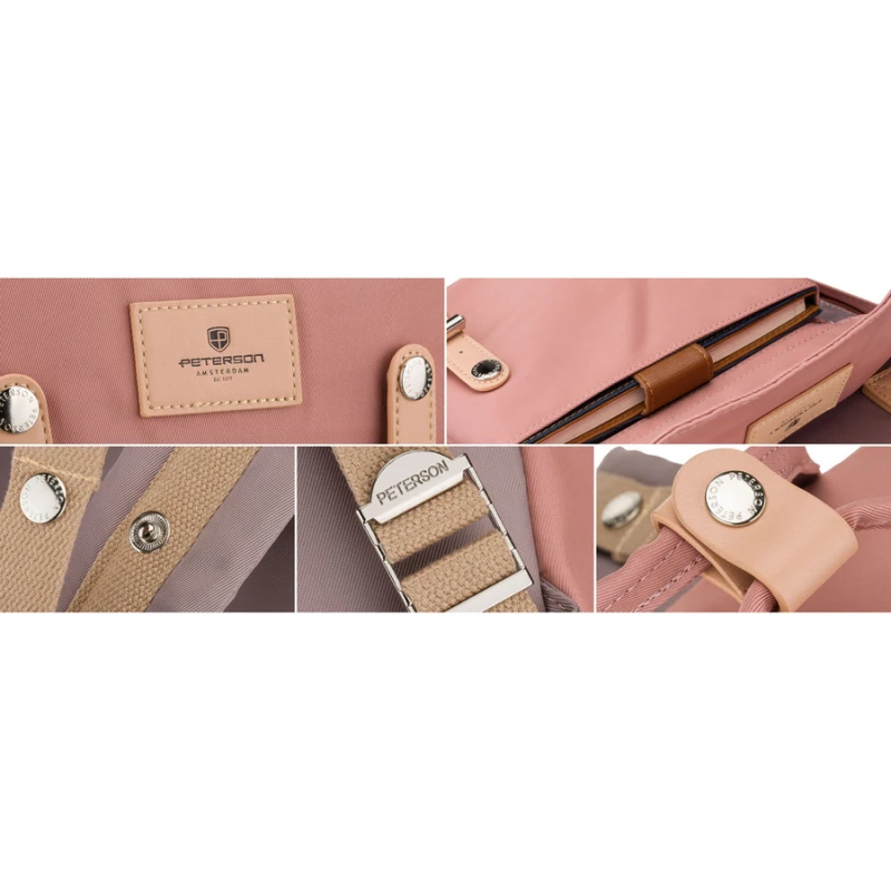 Różowo-szary plecak damski z poliestru i skóry ekologicznej, jednokomorowy - Peterson | Niua.pl