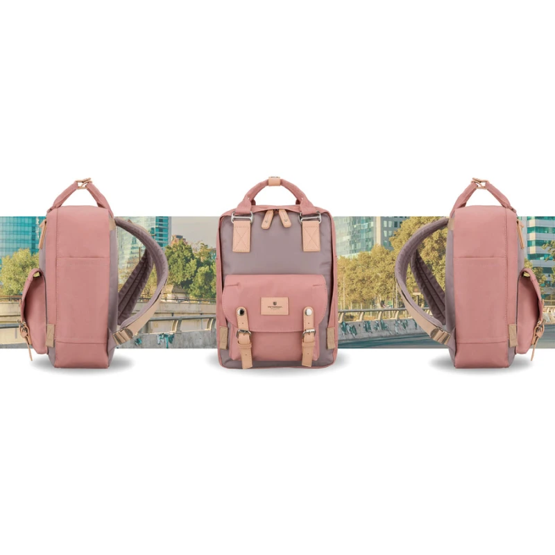 Różowo-szary plecak damski z poliestru i skóry ekologicznej, jednokomorowy - Peterson | Niua.pl