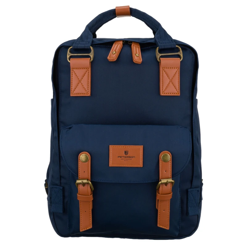Granatowo-brązowy plecak damski z poliestru i skóry ekologicznej, zamykany suwakiem - Peterson | Niua.pl