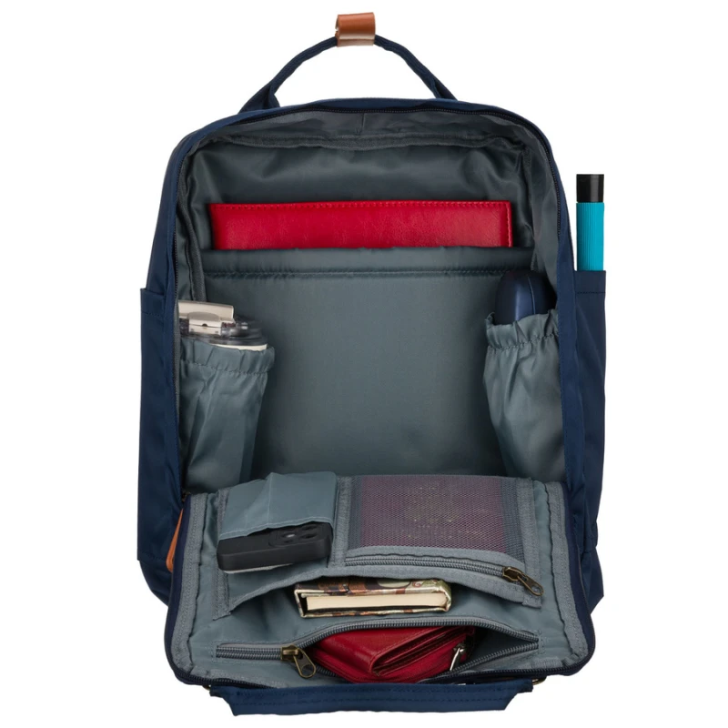 Granatowo-brązowy plecak damski z poliestru i skóry ekologicznej, zamykany suwakiem - Peterson | Niua.pl