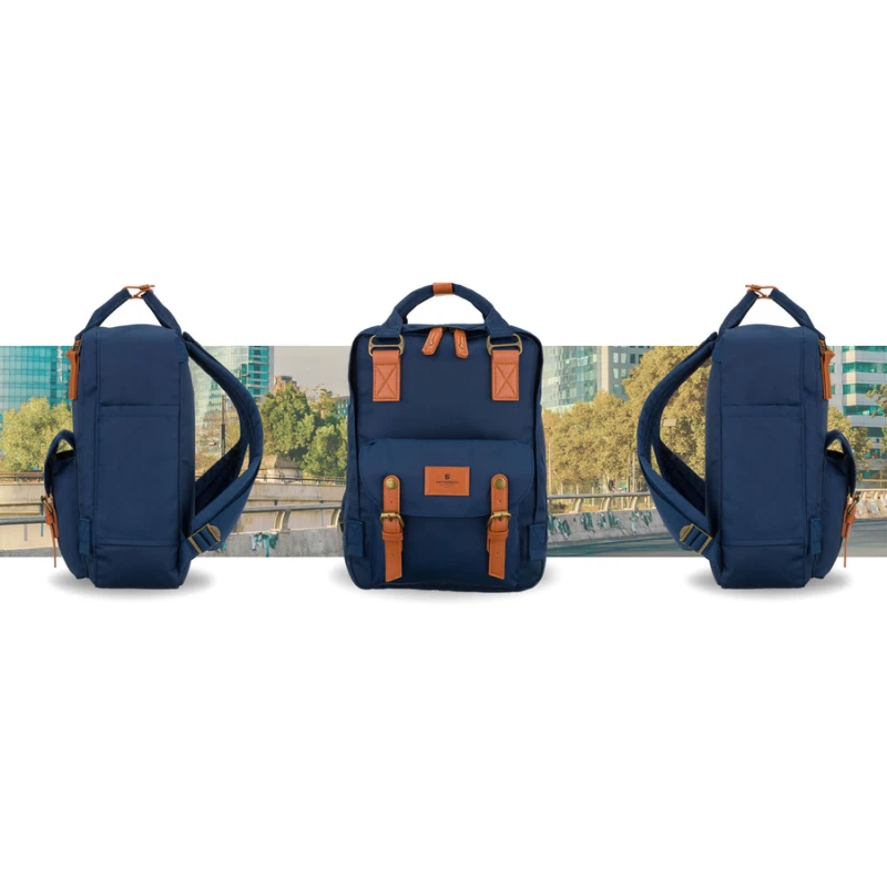 Granatowo-brązowy plecak damski z poliestru i skóry ekologicznej, zamykany suwakiem - Peterson | Niua.pl