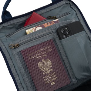 Granatowo-brązowy plecak damski z poliestru i skóry ekologicznej, zamykany suwakiem - Peterson | Niua.pl