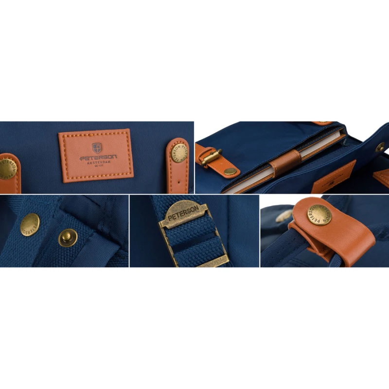 Granatowo-brązowy plecak damski z poliestru i skóry ekologicznej, zamykany suwakiem - Peterson | Niua.pl