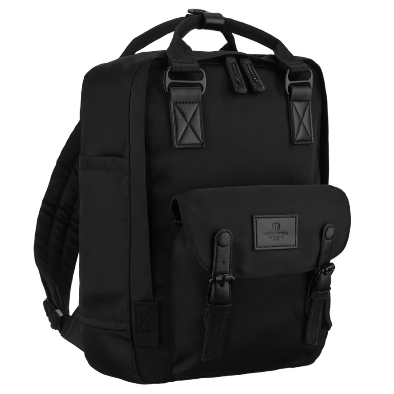 Czarny, duży plecak damski wykonany z poliestru i skóry ekologicznej, zamykany suwakiem - Peterson | Niua.pl