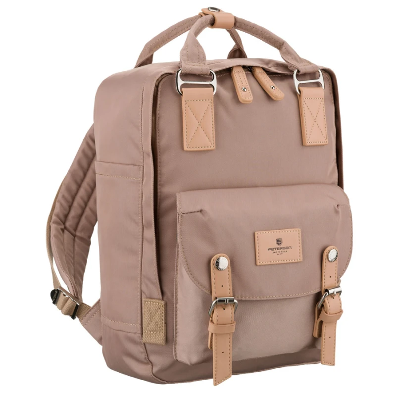 Beżowy, duży plecak damski wykonany z poliestru i skóry ekologicznej - Peterson | Niua.pl