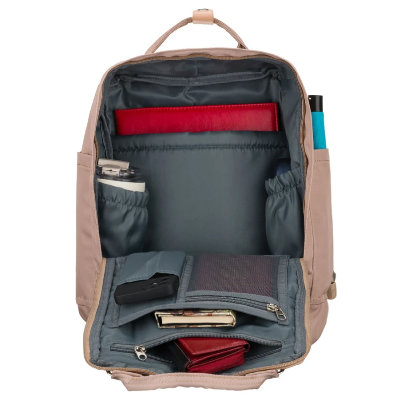 Beżowy, duży plecak damski wykonany z poliestru i skóry ekologicznej - Peterson | Niua.pl